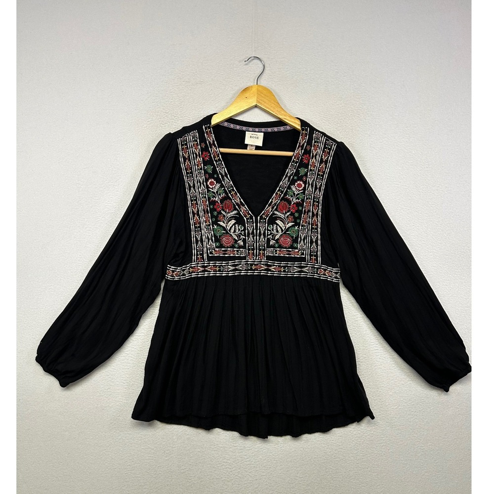 Boho Cottagecore Knox Rose Womens M Black Embroidered Long Sleeve Peasant Blouse